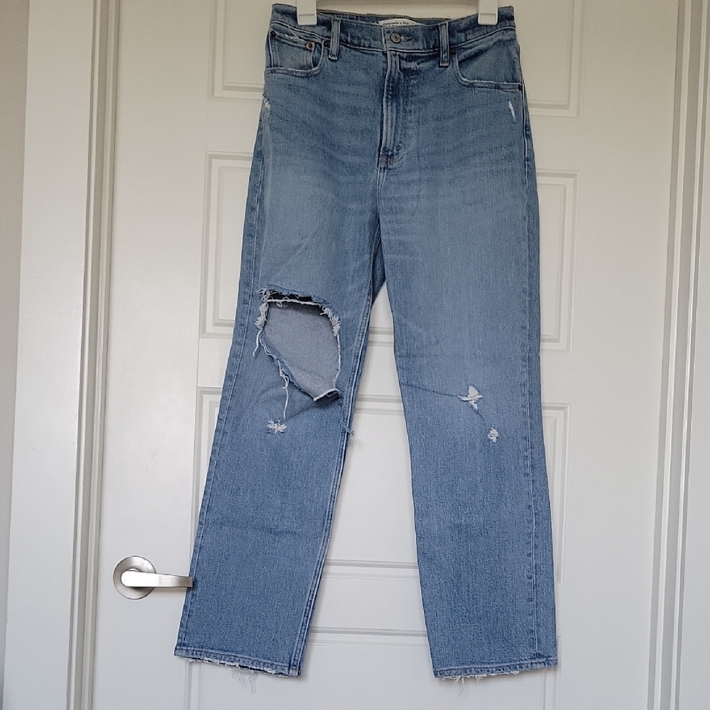 Abercrombie & Fitch Blue 90's Straight Leg Jeans with Distressed Details